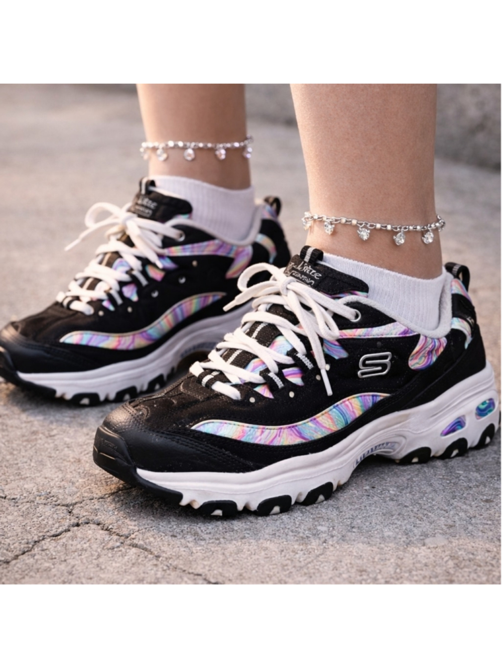Skechers D’Lites Black Chunky Sneakers Rainbow Y2K Dad Shoes